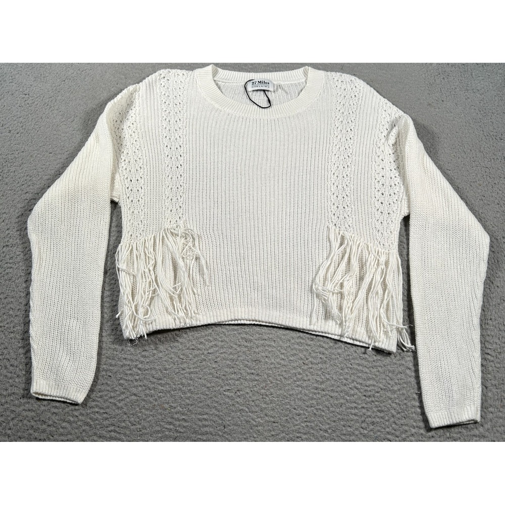 27 Miles Sweater Womens Large White Cropped Fringe Long Sleeve Knit NWOT